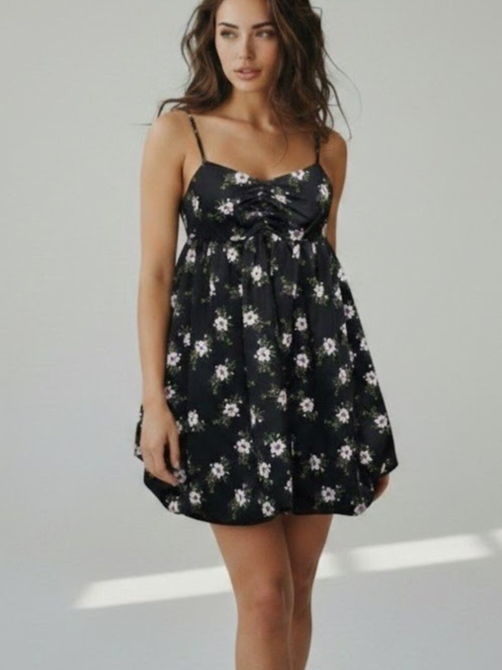 Free People Floral Babydoll Bubble Mini Dress Size XL Black Sweetheart NWT